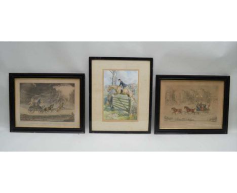 AFTER FRANK ALGERNON STEWART (1877-1945) A hunting print of horse and rider clearing a gate, 34cm x 24cm, signed in pencil wi
