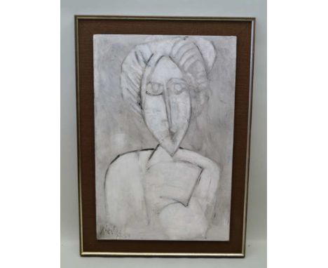 MID 20TH CENTURY EUROPEAN SCHOOL "Female Portrait", en grisaille oil on board, indistinctly signed, date (19)59, 76cm x 50cm,