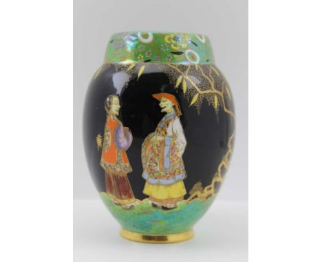 A "CARLTON WARE" MANDARIN PATTERN CERAMIC VASE, enamelled with two figures on an ebonised ground, with gilded trees, and deco