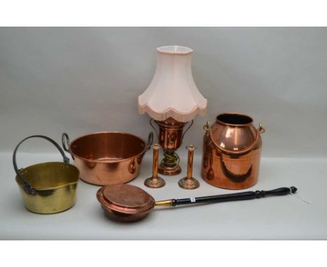 A SELECTION OF DOMESTIC METALWARES VARIOUS, to include; brass swing handled preserve pan, twin handled copper pan, swing hand