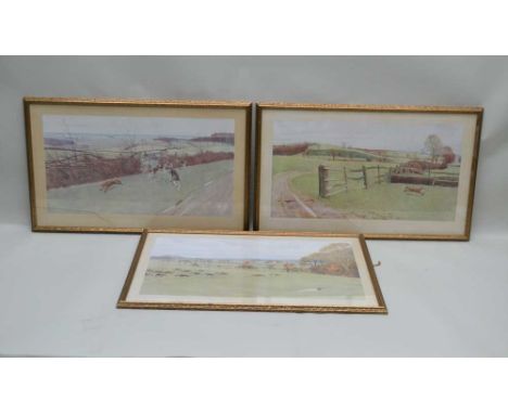 AFTER CECIL ALDIN (1870-1935) A set of three coloured Fox Hunting prints, 34cm x 64cm, plain mounted in slender gilt frames 