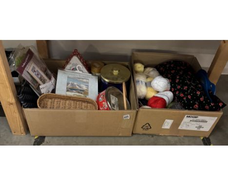 A quantity of tapestry sets, craft items, &amp; knitting bags with knitting needles &amp; A quantity of wood.