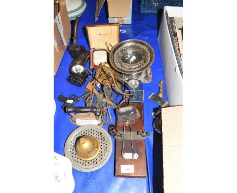 Mixed Lot: Small silver plated tazza, vintage desk embosser, tie press, vintage lanterns etc