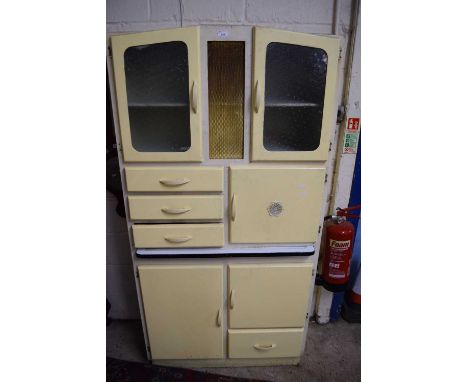 Retro kitchen cabinet with glazed top section, pull out enamel covered work surface and various drawers and cupboards, 179cm 