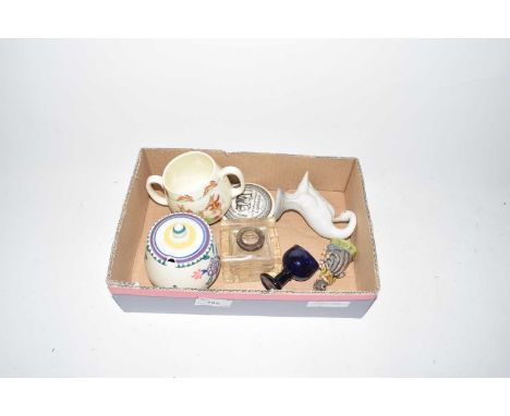 Box of various mixed items to include Poole Pottery preserve pot, Bunnykins mug etc