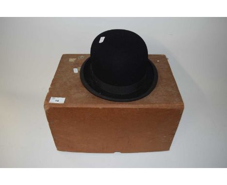 Vintage bowler hat marked Moss Bros, Covent Garden together with a hat box