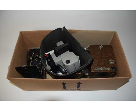 Box of various vintage cameras