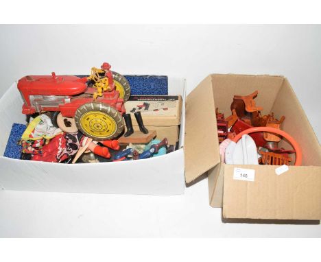 Two small boxes of various vintage dolls, dolls house furniture, toy tractor etc
