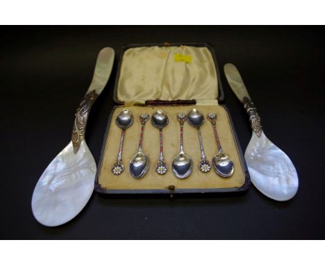 A cased set of six silver and enamel coffee spoons,&nbsp;having daisy finials, by Turner &amp; Simpson Ltd, Birmingham 1937, 