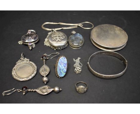 An engine turned silver compact; and various items of silver and gem set silver jewellery. 