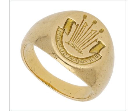 A late 19th century gold signet ring, engraved with crest and motto, stamped ‘18CT’, ring size M-N.        £600-£800  ---  Th