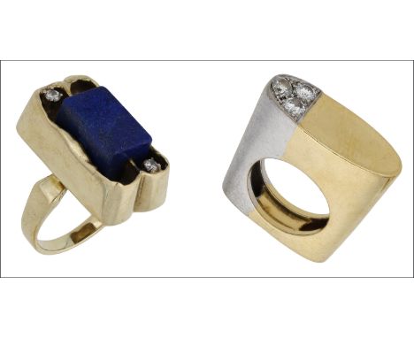 A diamond ring by Kutchinsky, 1972, and a dress ring, circa 1970, the first designed as a bicoloured 18ct gold column, set wi