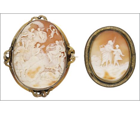 Two 19th century shell cameo brooches, the first oval cameo carved to depict the Venus Anadyomene or The Birth of Venus, Venu