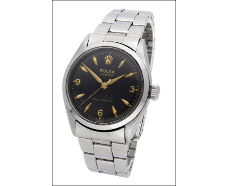 Rolex. A stainless steel wristwatch with black honeycomb dial, Ref. 6480, Oyster, circa 1957 Movement: cal. 1210, manual wind