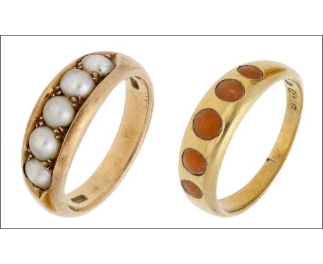 A late 19th century pearl ring and a coral ring, 1870, the first set with a row of graduated half pearls in shared claw setti