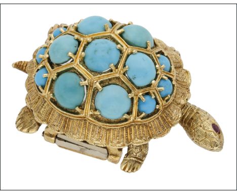 A turquoise tortoise brooch, the shell mounted with turquoise cabochons of various sizes,with textured  finish to the body, t