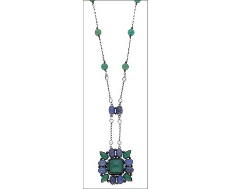 An Arts &amp; Crafts green and blue chalcedony pendant, attributed to Sybil Dunlop, the square pendant set with oval and pear