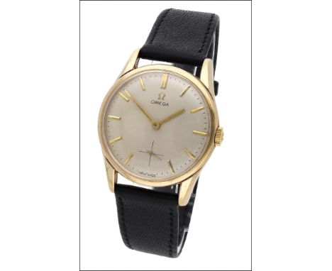 Omega. A gold wristwatch, circa 1965 Movement: cal. 269, manual winding, 17 jewels, no. 21595427 Dial: silvered, applied bato