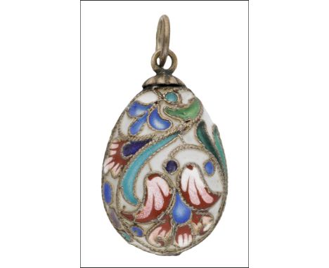 A late 19th century Russian enamel egg pendant, the silver egg decorated with polychrome cloisonné enamel, Russian assay mark