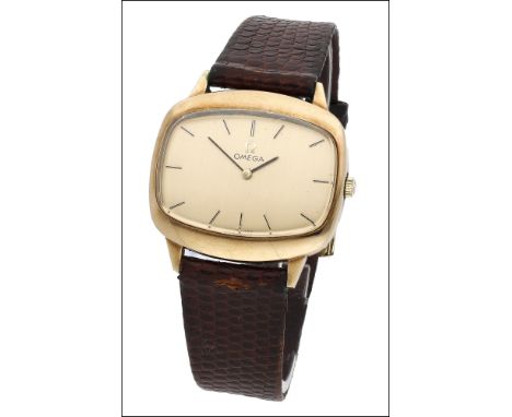 Omega. A gold cushion-form wristwatch, circa 1974 Movement: cal. 625, manual winding, 17 jewels, no. 38457165 Dial: gilt, app