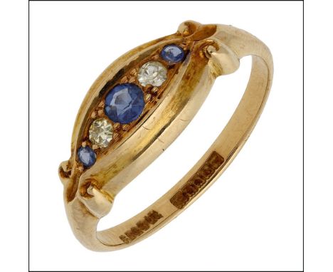 A sapphire and diamond five stone ring, 1921, set with a graduated row of alternating circular-cut sapphires and old brillian