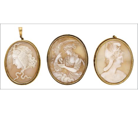 Two 19th century shell cameo brooches and a shell cameo pendant, the first depicting Hebe and the Eagle, in base metal mount,