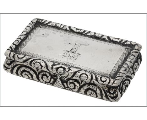 A George IV silver rectangular snuff box, with scroll and foliate chased borders, and engine-turned base, the hinged lid cres