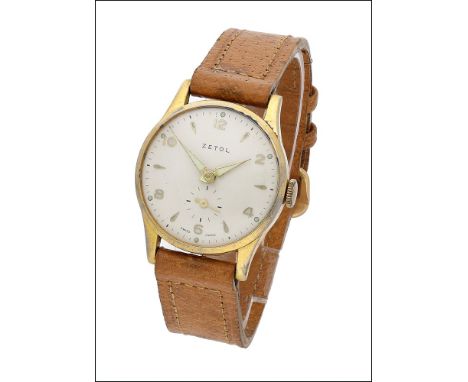 Zetol. A gold plated wristwatch, circa 1940 Movement: manual winding Dial: silvered, applied Arabic and dagger indexes, lumin