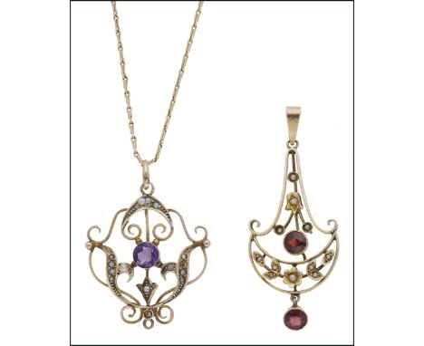 Two early 20th century gem-set pendants, each of open scrollwork design, the first set with a circular-cut amethyst and seed 