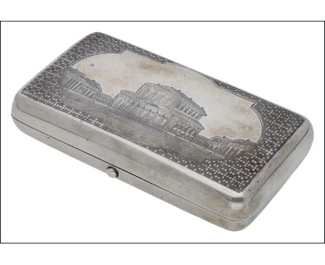 A 19th century Russian silver and niello snuff box, of rectangular form, the hinged cover depicting the Bolshoi Theatre in Mo