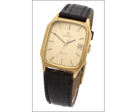 Zenith. A gold rectangular wristwatch with date, circa 1990 Movement: cal. 11.6, quartz, 7 jewels Dial: two-tone gilt, apertu