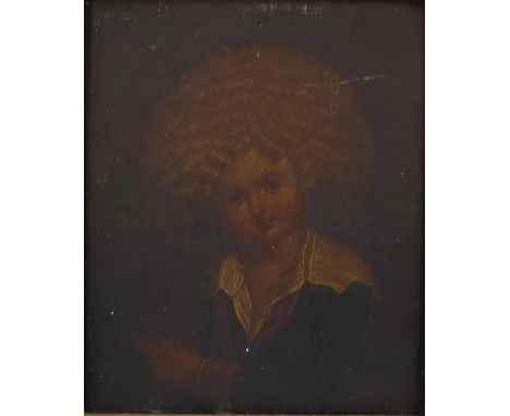 18th century portrait of the 'Woolly-Headed Boy of Knaresborough'. Oil on board. Annotated verso. Framed. Image size 17 x 14c