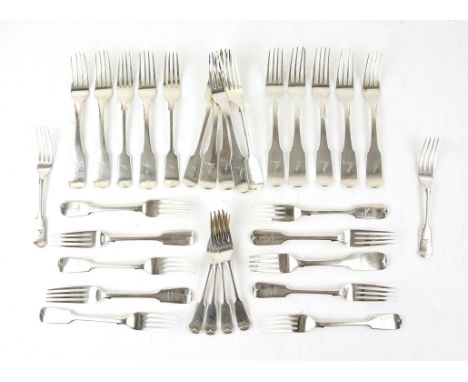 Composite 19th century crested service of fiddle pattern flatware, Some Irish, some later, some rat-tailed, comprising , six 