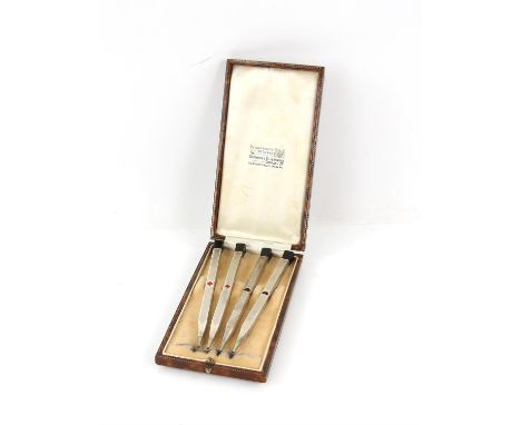 Cased set of four silver and enamel 935 grade bridge pencils, retailed by Goldsmiths and Silversmiths by appointment to the H