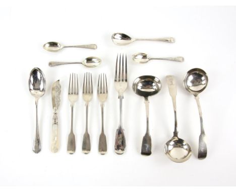 Pair of George III Irish silver sauce ladles, a Victorian fiddle pattern sauce ladle seven other various spoons and forksand 