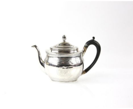 George III silver teapot with acorn finial, oval form with bright cut decoration, wooden handle, London 1803, Makers Mark SW,