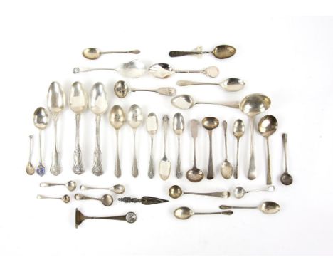 Collection of various small silver spoons, including salts, tea spoons, a sauce ladle, commemorative spoons and others, total