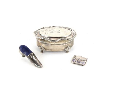 Silver enamel stamp box of envelope form, W2.8 cm, a slipper form pin cushion, L6.3cm and an oval hinged table box, W9cm  (3)