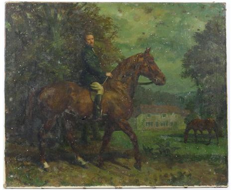 § Lionel Ellis (British, 1903-1888), self-portrait on horseback. Oil on canvas. Image size 51 x 61cm.Please note that Artists