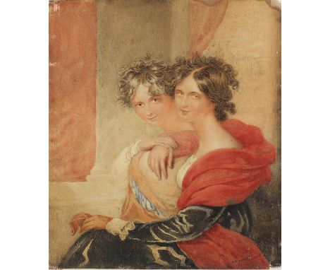 A collection of 19th century watercolour portraits.  A finely dressed woman holding a bouquet of flowers, watercolour, unsign