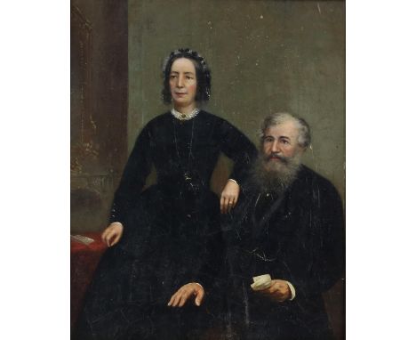 American School, 19th Century.  Portrait of a couple in an interior. Oil on panel. 28 x 23cm