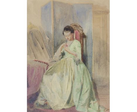 Abraham Solomon (British, 1824-1862), portrait of a young woman sewing. Watercolour and pencil. Framed and glazed. Label vers