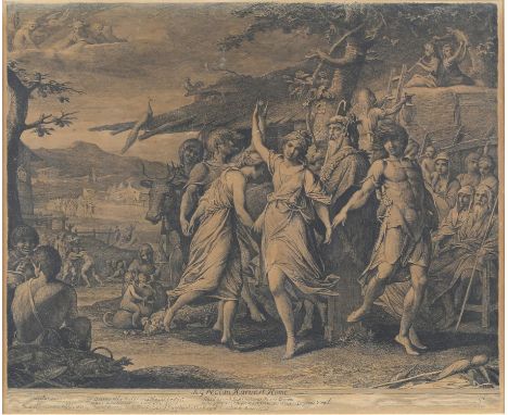James Barry (1741-1806) A Grecian Harvest Home. Etching and Engraving. Damaged and repaired laid to canvas. In ornate gesso f