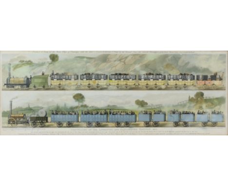 'Travelling on the Liverpool and Manchester Railway, 1831', nineteenth-century hand-coloured lithograph. Framed and glazed. I