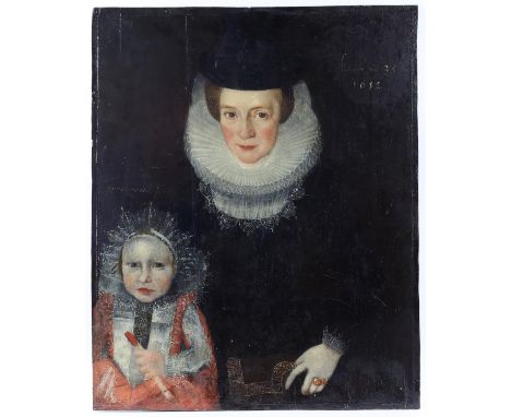 English Provincial School, 1612, Portrait of Mrs Smyth and her young son, Inscribed and dated 1612, Oil on panel, 66 x 53 cm.