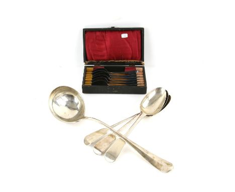 Set of six George III silver teaspoons, cased, London 1799, makers mark rubbed, three Victorian fiddle pattern table spoons a