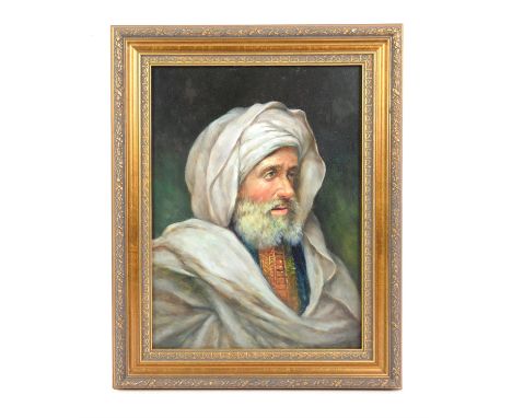 Continental School, 20th century. Portrait of a Middle Eastern Man. Oil on board. Unsigned. 39 x 29cm.