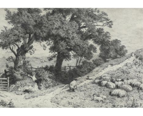 Myles Birket Foster RWS (British, 1825-1899), pastoral etching with sheep to foreground. Signed in pencil to margin. Framed a