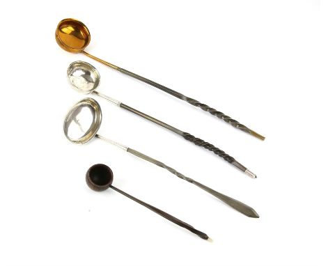 George III toddy ladle the bowl inset with a coin, another the bowl stamped GF, and two other ladles (4)