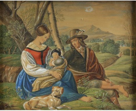 European School, portrait of a family with mountainous landscape to background. Watercolour. Framed and glazed. Image size 14